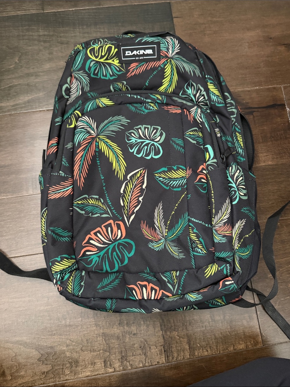 Dakine Black Backpack with Teal, Yellow & Coral Tropical Leaves
